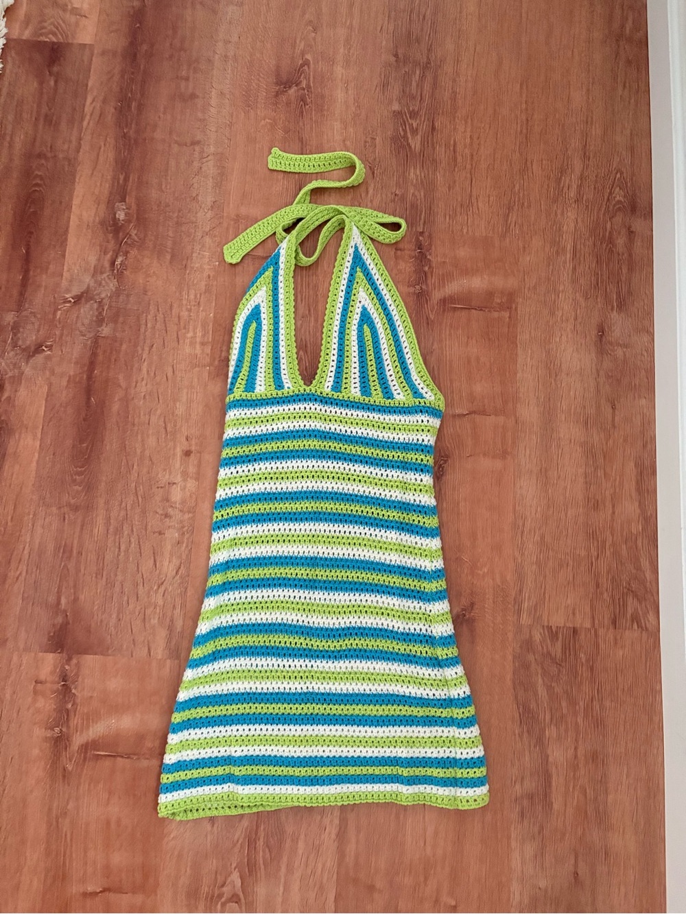Striped Crochet Halter Mini Dress in Green, Blue, and White